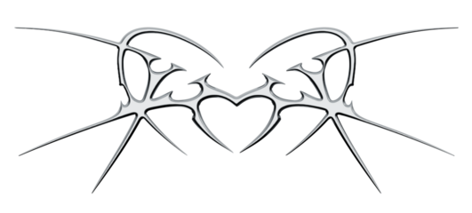 Chrome neo tribal tattoo. Succubus womb sigils and sharp cyber sigilism elements in liquid silver Y2K style	
