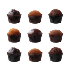 An assortment of delicious cupcakes displayed on a white background. Various flavors, chocolate and vanilla, attractively arranged in individual wrappers.
