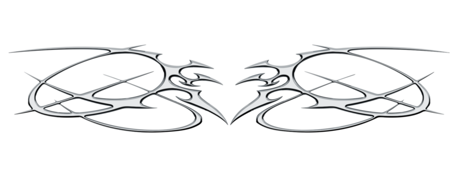 Chrome neo tribal tattoo. Succubus womb sigils and sharp cyber sigilism elements in liquid silver Y2K style	
