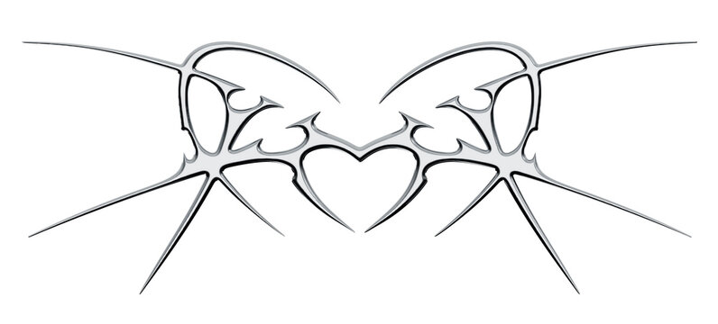 Chrome neo tribal tattoo. Succubus womb sigils and sharp cyber sigilism elements in liquid silver Y2K style	
