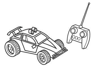 Toy RC car line drawing, angular design, antenna on top, no intricate parts, bold contours, coloring page for kids, plain background