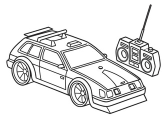 Toy RC car line drawing, angular design, antenna on top, no intricate parts, bold contours, coloring page for kids, plain background