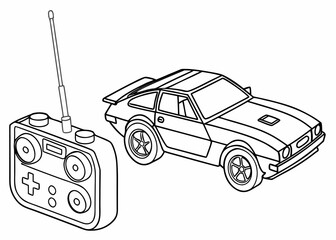 Toy RC car line drawing, angular design, antenna on top, no intricate parts, bold contours, coloring page for kids, plain background