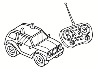 Toy RC car line drawing, angular design, antenna on top, no intricate parts, bold contours, coloring page for kids, plain background