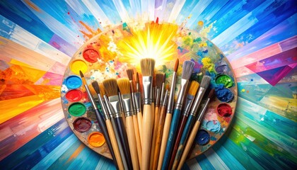 Vibrant Collection of Paint Brushes and Colorful Palette with Burst of Light and Abstract Background for Art and Creative Inspiration