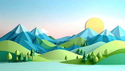 Vibrant Geometric Landscape Illustration Featuring Polygonal Mountains and Rolling Green Hills Under a Bright Yellow Sun and Clear Blue Sky