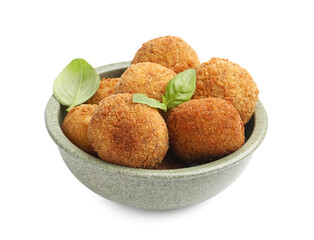 Delicious fried croquette balls with basil in bowl isolated on white