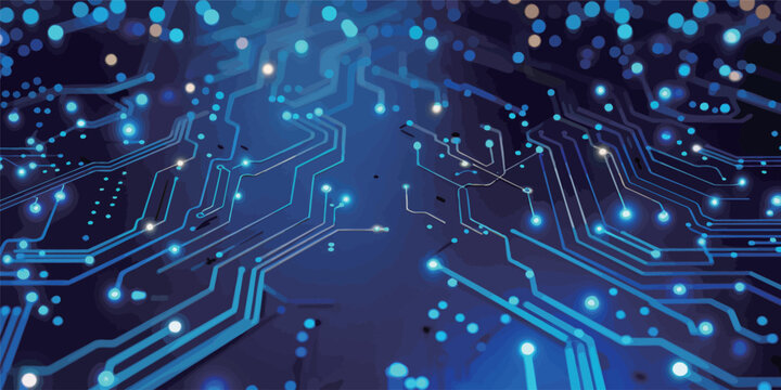 A blue background with many small lights on it. The lights are arranged in a way that they look like they are connected to each other. The image gives off a feeling of technology and complexity