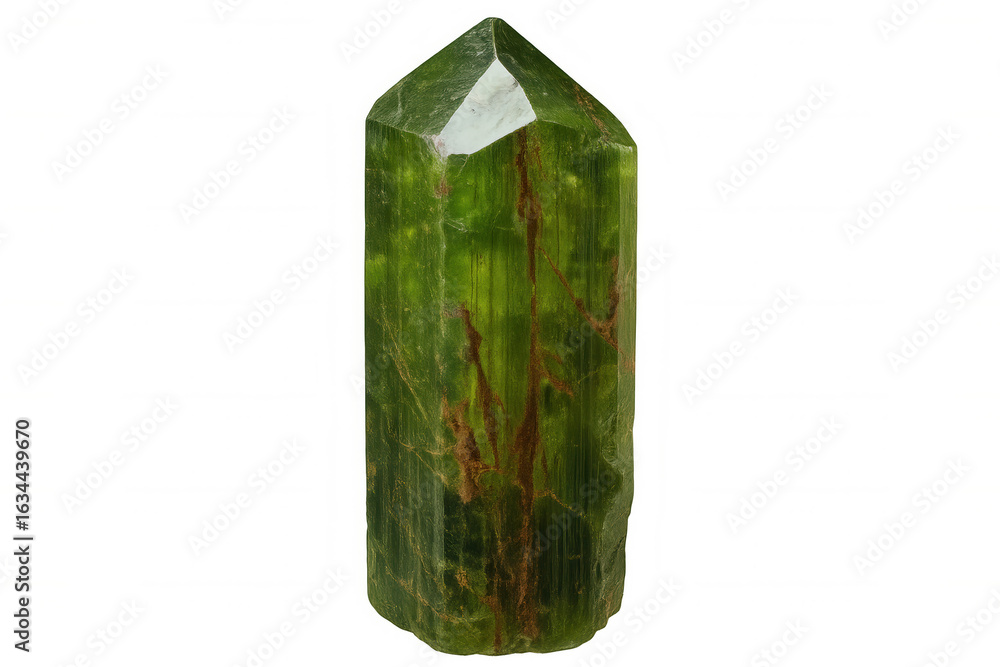 Poster green elbaite tourmaline crystal mineral specimen with intricate patterns, isolated on a transparent