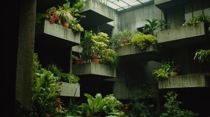 Fototapeta premium Concrete balconies with potted plants create a geometric architectural design in the urban