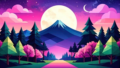 Vibrant Polygonal Landscape Featuring Mount Fuji Under A Large Moon Surrounded By Stylized Trees And Colorful Sky In A Serene Digital Art Scene