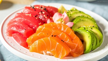 Vibrant Plate of Fresh Sushi Including Salmon, Tuna, and Avocado Garnished with Sesame Seeds and Edible Flowers on a Light Blue Surface