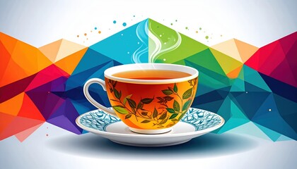Vibrant Tea Cup with Steam and Floral Design Surrounded by Colorful Geometric Abstract Background