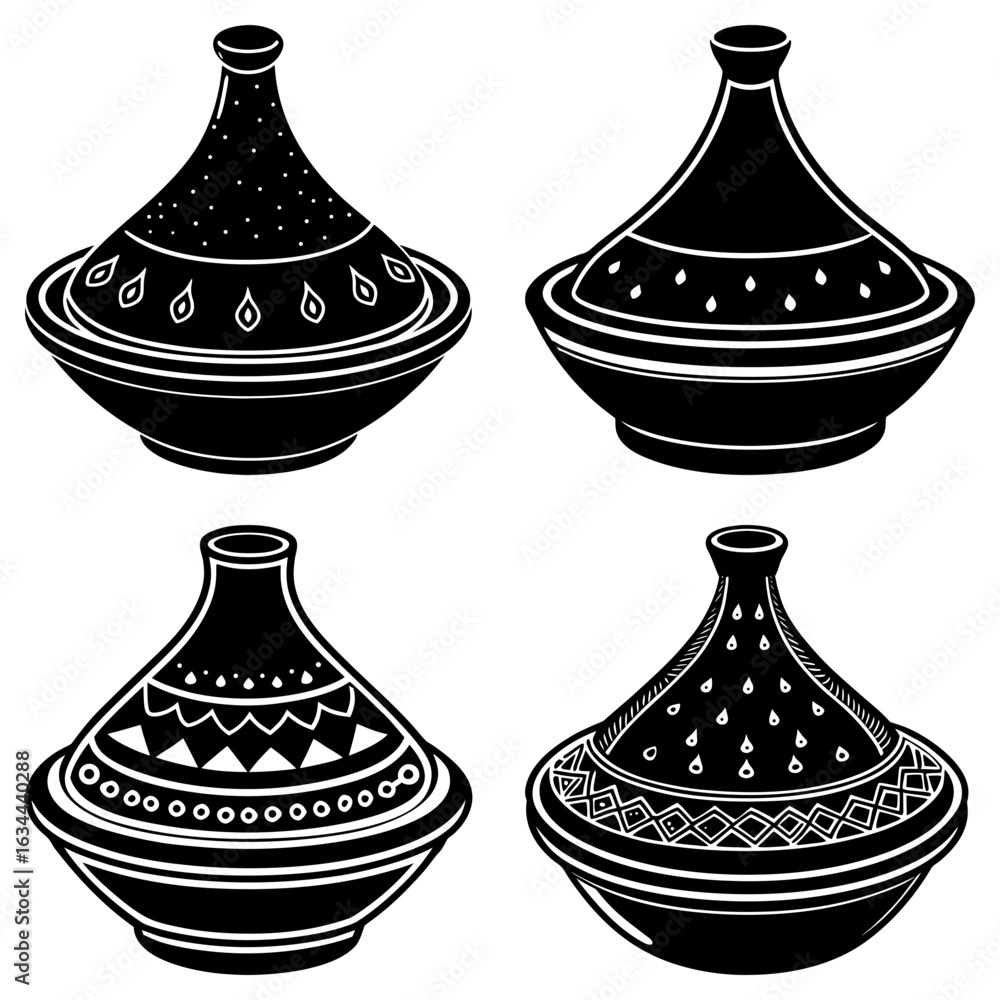 Poster four black and white tagines with different patterns in a square arrangement on a white background
