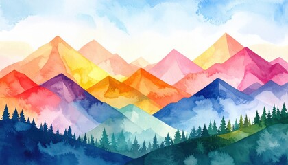 Vibrant Watercolor Landscape with Colorful Mountains and Serene Forest in the Foreground Under a Bright Sky