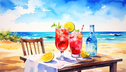 Vibrant Watercolor Painting of Refreshing Cocktails on a Table at the Beach Under Bright Sunny Skies with a Blue Ocean in the Background