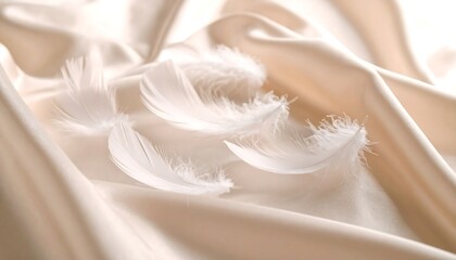 Fototapeta premium Floating White Feathers on Creamy Fabric Background