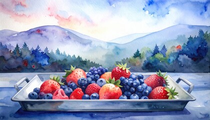 Vibrant Watercolor Painting of Fresh Fruits Including Strawberries and Blueberries on a Silver Tray Against a Scenic Mountain Landscape at Dawn