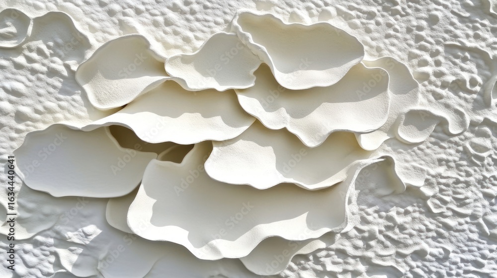 Poster abstract white shapes resembling flower petals against a textured background adding depth