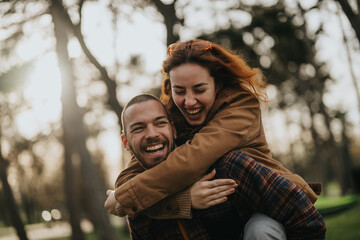 A happy couple enjoying an affectionate piggyback ride in a sunny forest park, showcasing joy and...