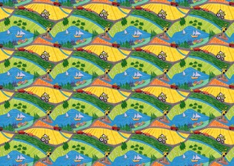 Colorful seamless pattern depicting rural life with green fields, lakes, tractors, sailboats,...