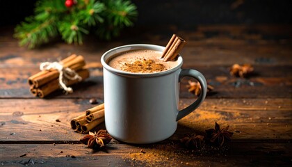 Warm Mug of Homemade Spiced Hot Chocolate with Cinnamon Sticks on Rustic Wooden Table Surrounded by Holiday Decor and Natural Spices
