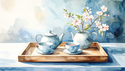 Watercolor Still Life Composition of Teapot and Teacups with Blooming Flowers on a Wooden Tray in Soft Blue Tones and Inviting Atmosphere