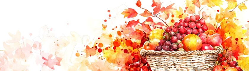 A vibrant basket filled with fruits like grapes and apples, surrounded by colorful autumn leaves, showcasing a warm, seasonal aesthetic.