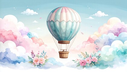 Whimsical Hot Air Balloon Surrounded by Fluffy Clouds and Colorful Flowers Against a Dreamy Sky Background in Pastel Tones