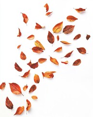 Autumn leaves scattered on a white surface, creates a visually appealing and colorful arrangement; concept for fall season