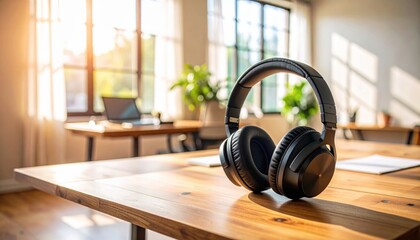 Wireless Headphones on a Wooden Desk in a Modern Office Bathed in Warm Sunlight with Green Plants in the Background