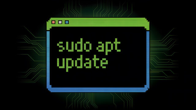 Pixelated terminal command "sudo apt update" on a digital circuit board background, for Linux and developer content
