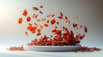 Autumn leaves swirling above and around a white circular platform on a bright, seamless white background