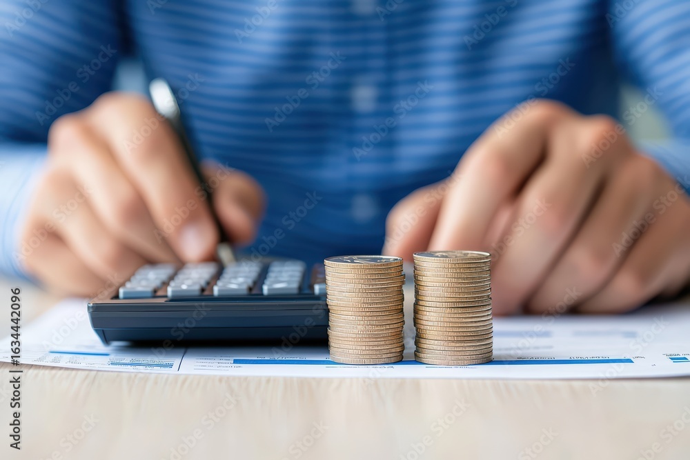Poster calculation of finances with coins and calculator on table