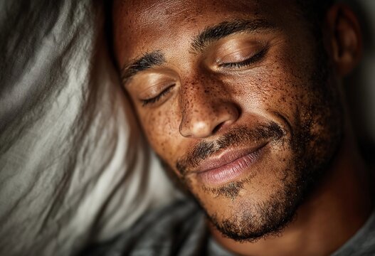 Man Sleeping Peacefully on Bed: Bedding Comfort and Sleep Disorder Awareness