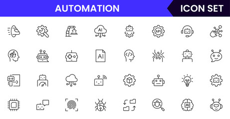 Automation vector line icons featuring robots, gears, workflow systems, AI, process optimization, control panels, sensors, efficiency tools, and automated machinery.