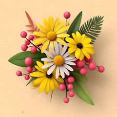 Floral arrangement with daisies and berries on light tone
