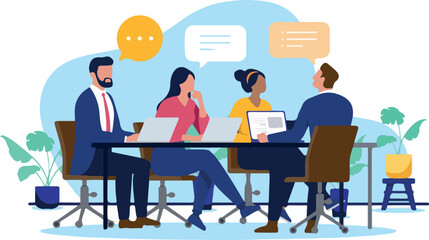 Diverse business professionals engaged in lively discussion and idea exchange during a collaborative office meeting, utilising laptops for teamwork and planning. Flat design vector illustration
