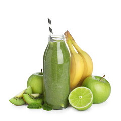 Superfood. Tasty smoothie in glass bottle and ingredients isolated on white