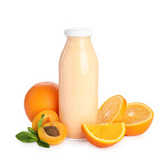 Superfood. Tasty smoothie in glass bottle and ingredients isolated on white
