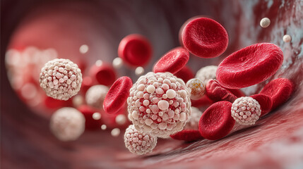 Red blood cells and white blood cells flowing in blood vessel  