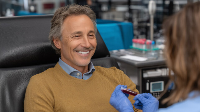 Middle-aged man smiling while receiving blood test in clinic  