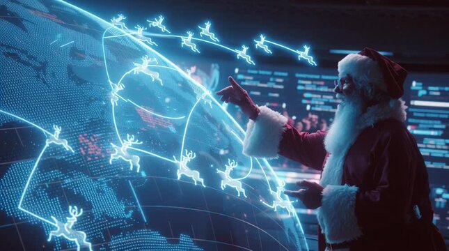 Santa Claus in a futuristic North Pole command center plans his Christmas Eve route using hand gestures on a giant holographic globe, with glowing paths and moving reindeer icons connecting continents