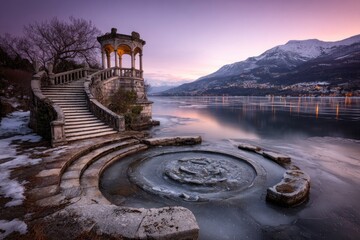 Frozen lake with ornate gazebo at dawn