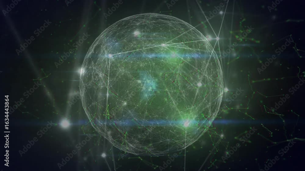 Poster lens flare gliding over sphere starting rotation, network pulsing, lines shifting showing data flow