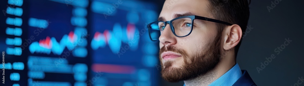 Poster businessman analyzing data trends on digital display screen