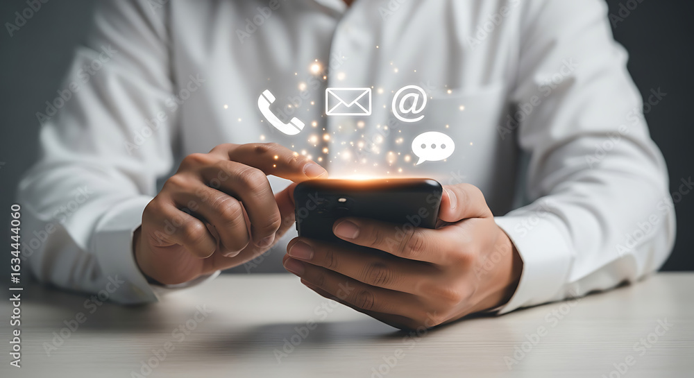 Poster person using a smartphone with communication icons appearing, representing contact, messaging, and d