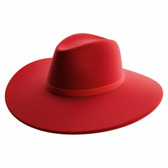 Red wide-brimmed women’s summer hat, elegant woven texture, isolated on transparent background.