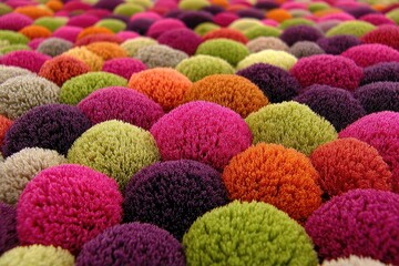 Colorful, textured, round, pom-pom rug