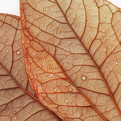 Close-up of delicate brown leaves displaying intricate vein patterns, covered in small, sparkling water droplets on a stark white background